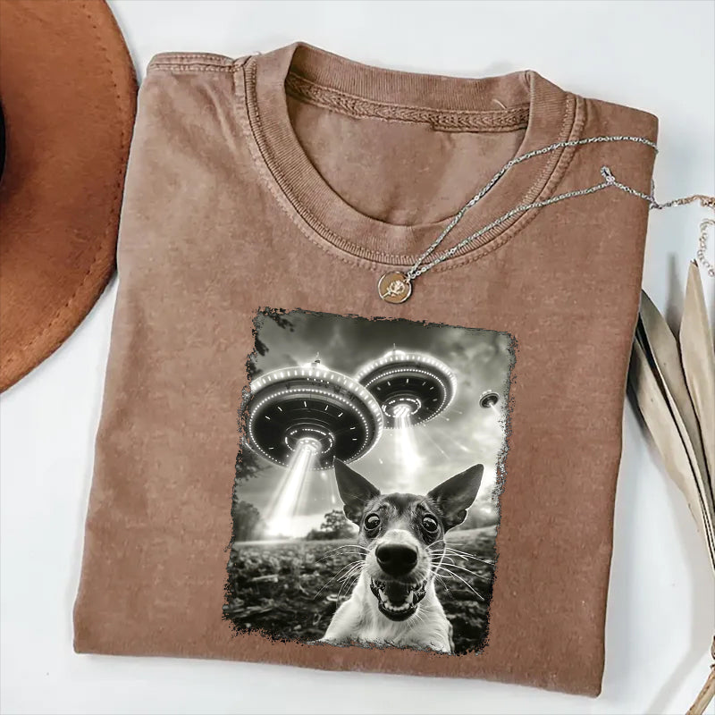 Rat Terrier Dog UFO Alien Extraterrestrial Selfie T-Shirt