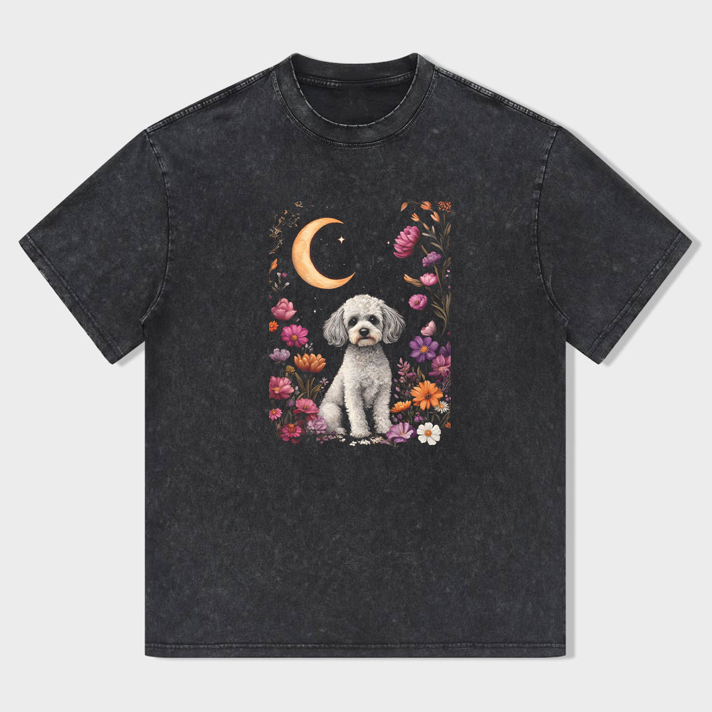 Cute Dog Floral Moon Night Graphic T-Shirt