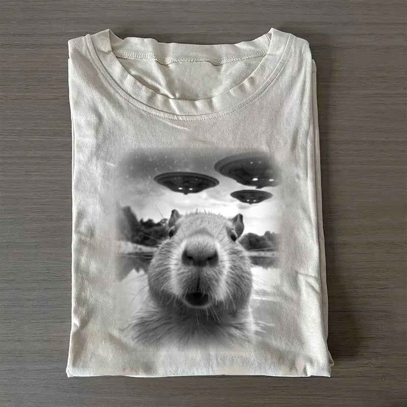 Christmas Capybara Selfle With UFO Art Acid Wash Sweatshirt