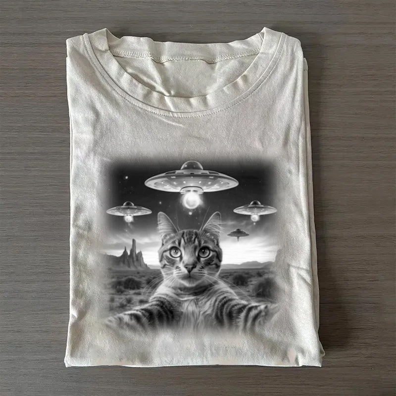 Cat Selfie With UFO Art Acid Wash Sweatshirt
