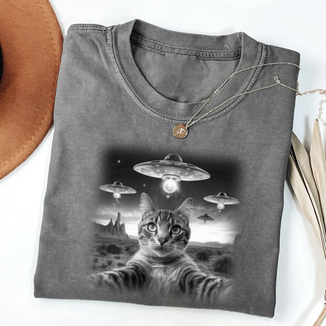 Cat Selfie With UFO Art Acid Wash Sweatshirt