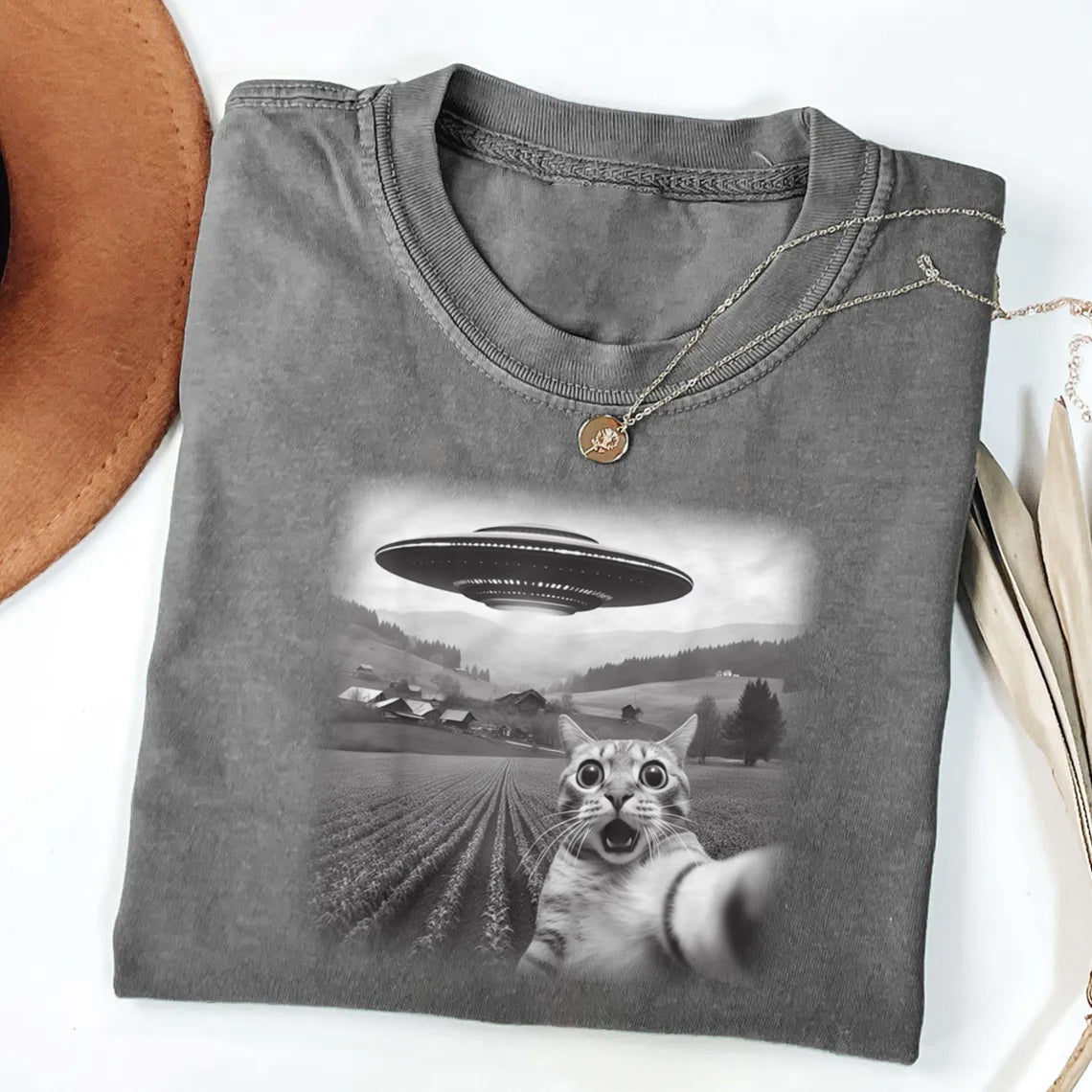 Cat Selfie With UFO Art Acid Wash Sweatshirt