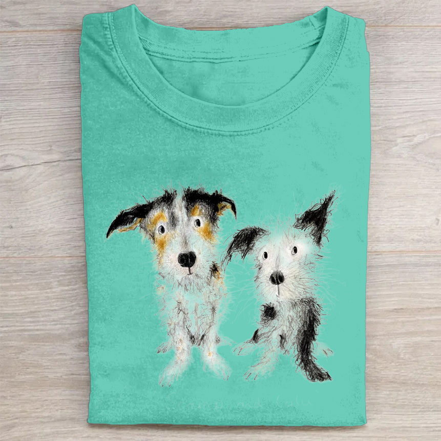 Cute Dog Scrawled Puppy Art Print Casual Short Sleeve T-Shirt