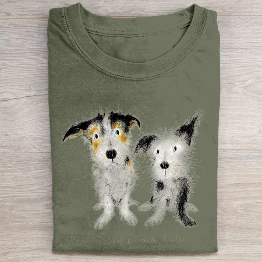 Cute Dog Scrawled Puppy Art Print Casual Short Sleeve T-Shirt