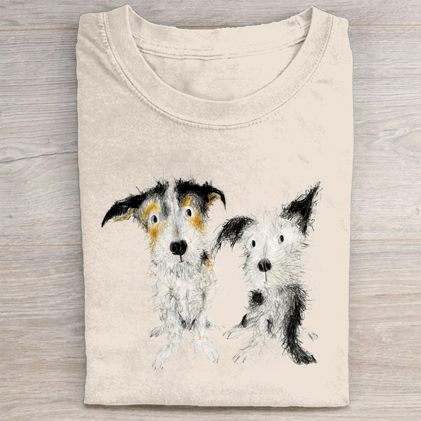 Cute Dog Scrawled Puppy Art Print Casual Short Sleeve T-Shirt