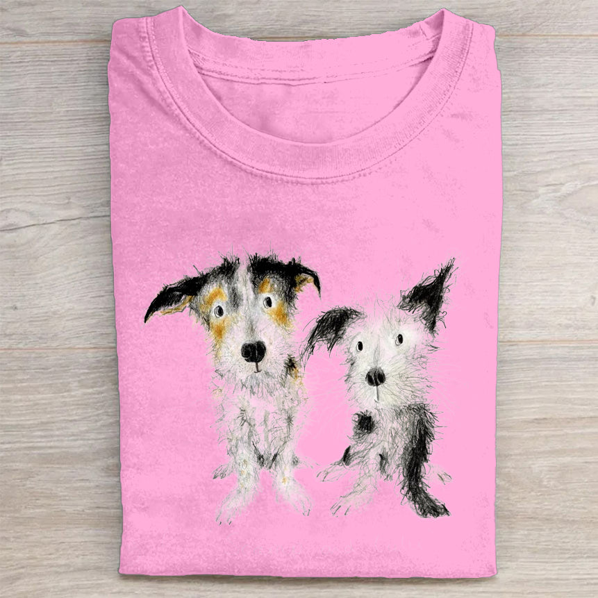 Cute Dog Scrawled Puppy Art Print Casual Short Sleeve T-Shirt