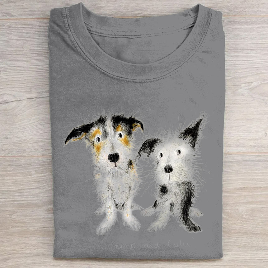 Cute Dog Scrawled Puppy Art Print Casual Short Sleeve T-Shirt