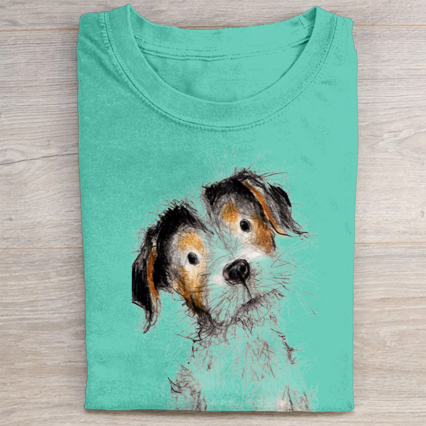 Cute Dog Scrawled Puppy Art Print Casual Short Sleeve T-Shirt