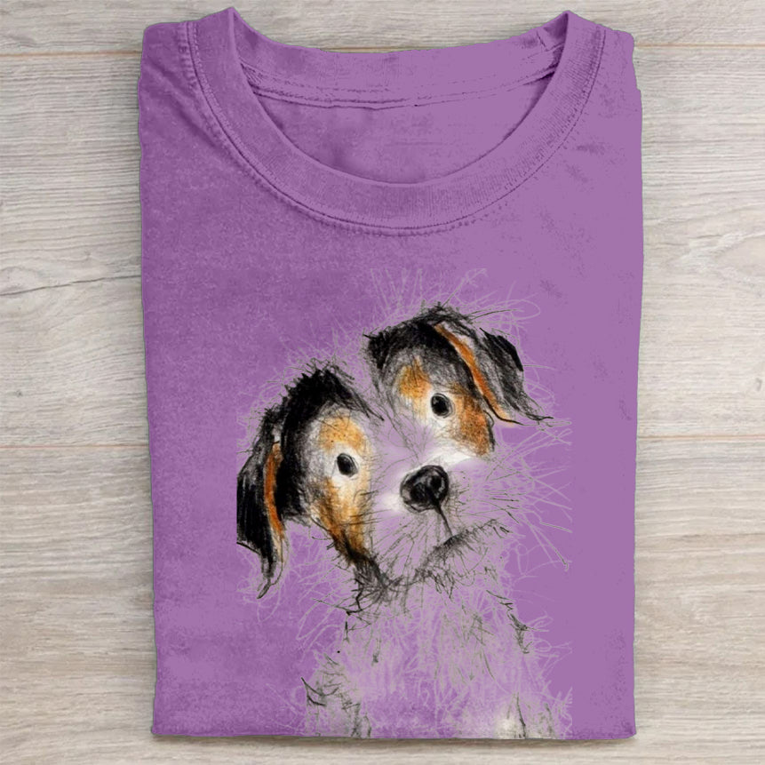 Cute Dog Scrawled Puppy Art Print Casual Short Sleeve T-Shirt
