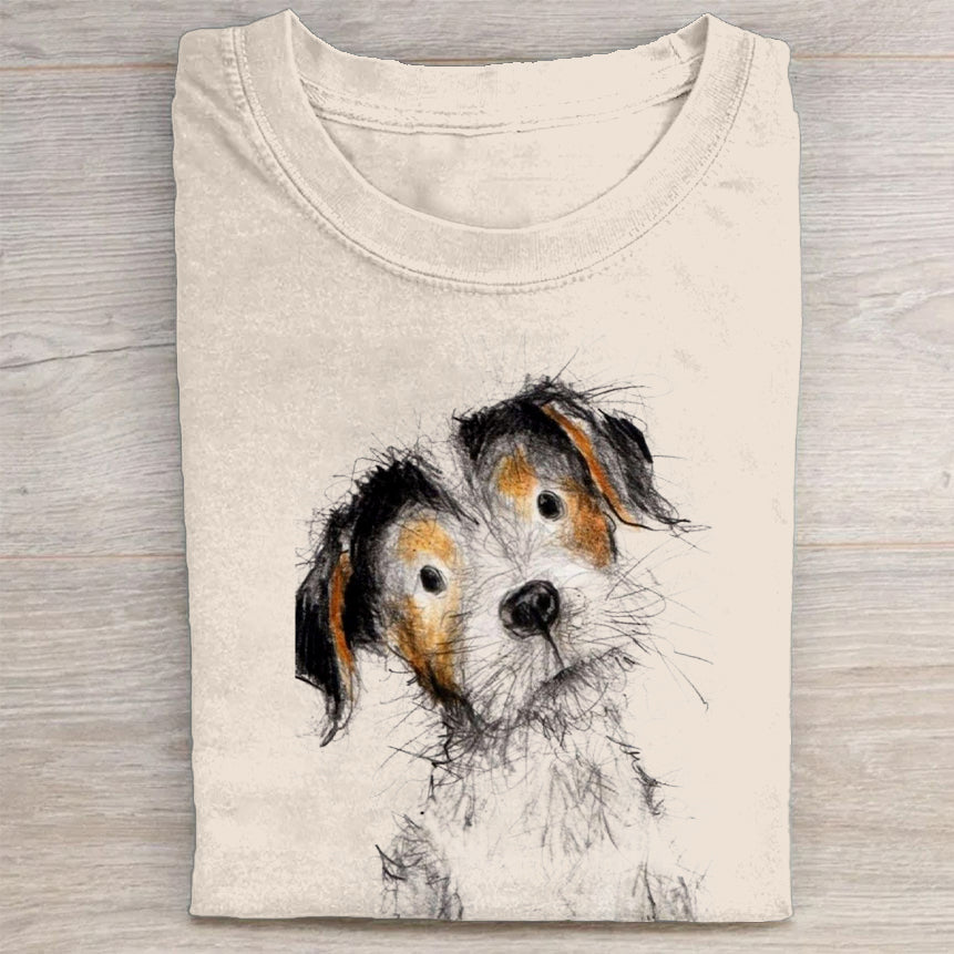 Cute Dog Scrawled Puppy Art Print Casual Short Sleeve T-Shirt