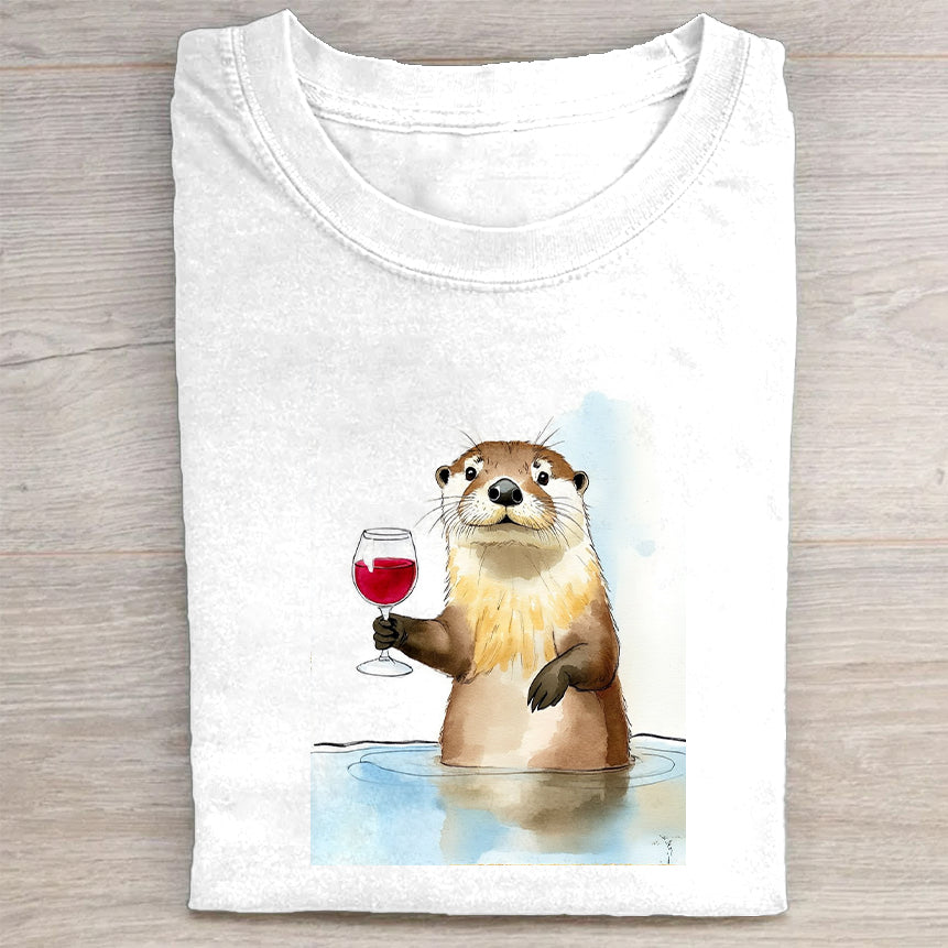 Otter Holding Wine Glass Cute Animal Design Men's Graphic T-Shirt
