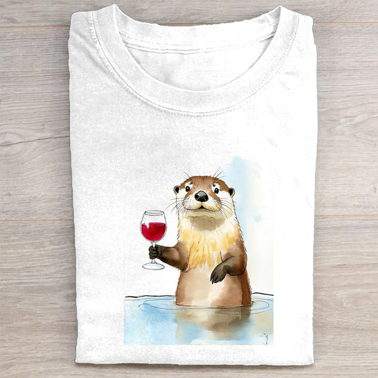 Otter Holding Wine Glass Cute Animal Design Men's Graphic T-Shirt