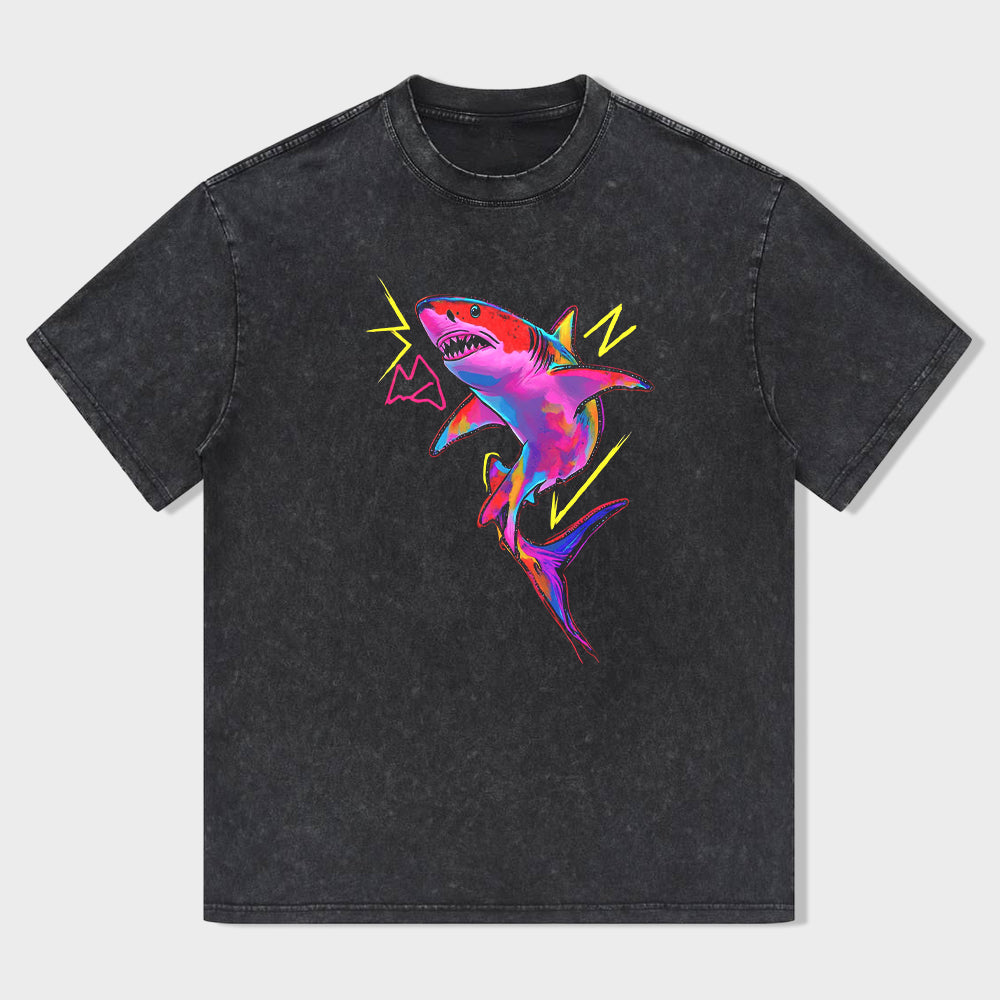 Neon Shark Graphic T-Shirt for Men Women - Vibrant Lightning Design, Comfortable Casual Tee Shirt