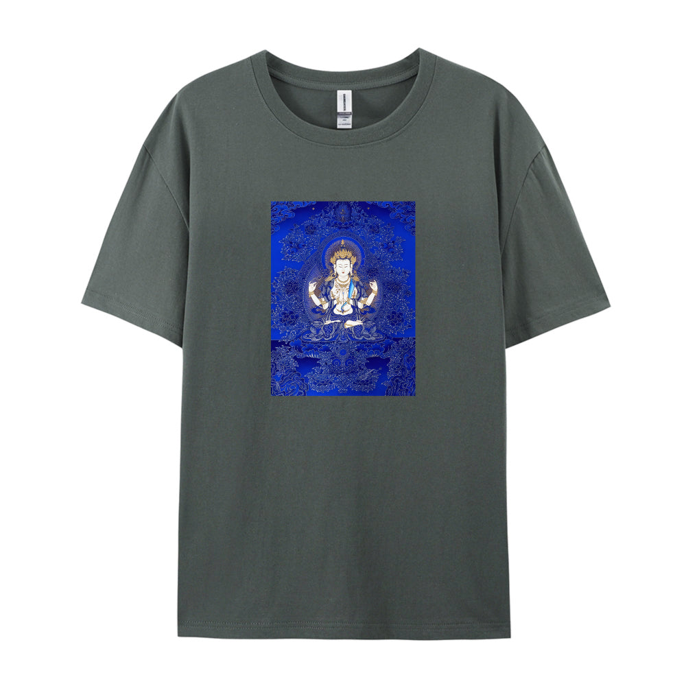 White T-Shirt with Blue Tibetan Buddha Design for Men Women Unisex Casual Wear Spiritual Clothing