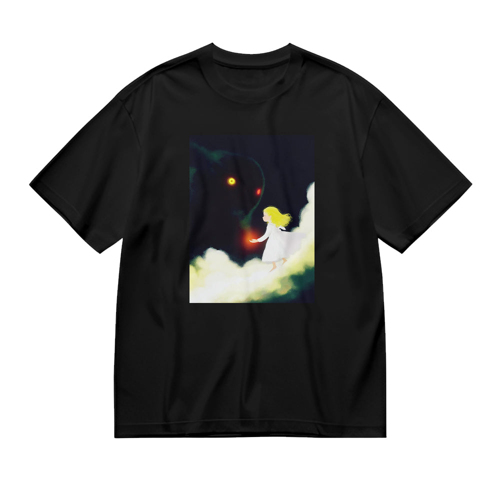 Unisex T-Shirt Black Wolf and Angel Clouds Print Casual Wear