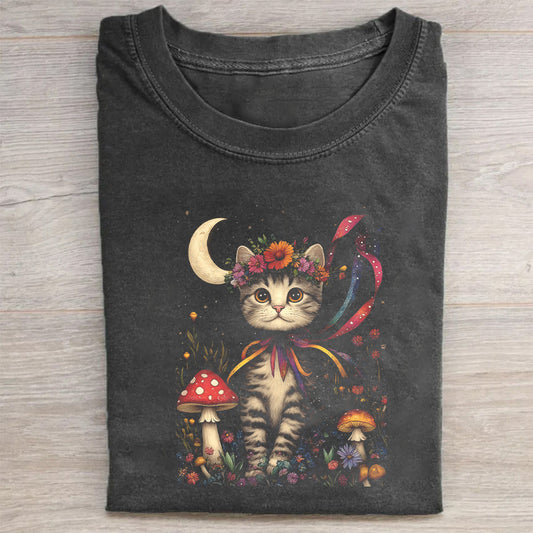 Cute Cat with Mushrooms and Moon Graphic T-Shirt