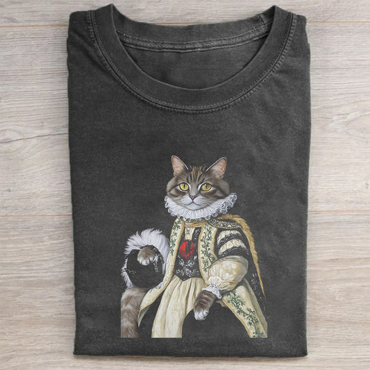 Vintage Black T-Shirt with Royal Cat Graphic