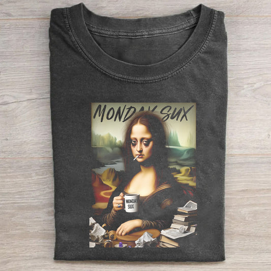 Classic T-Shirt Black Mona Lisa with Coffee MONDAY SUX Print for Casual Wear