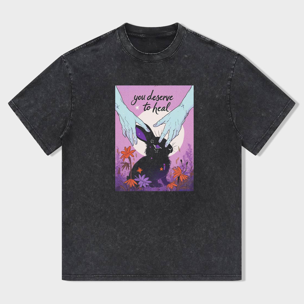 Vintage T-Shirt Black You Deserve to Heal Bunny with Wings and Flowers Print for Casual Wear