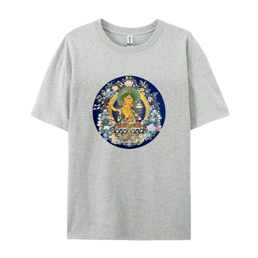 Buddhist Thangka Art T-Shirt  Golden Buddha Design  Spiritual Meditation Clothing  Unique Tibetan Mandala Graphic Tee  Unisex Casual Wear  Comfortable Cotton Material  Ideal for Yoga and Mindfulness Practitioners