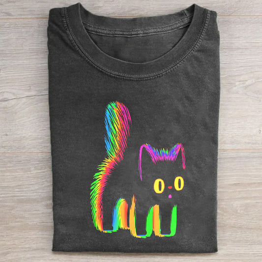 Rainbow Cat Graphic T-Shirt Black Colorful Feline Print for Casual Wear