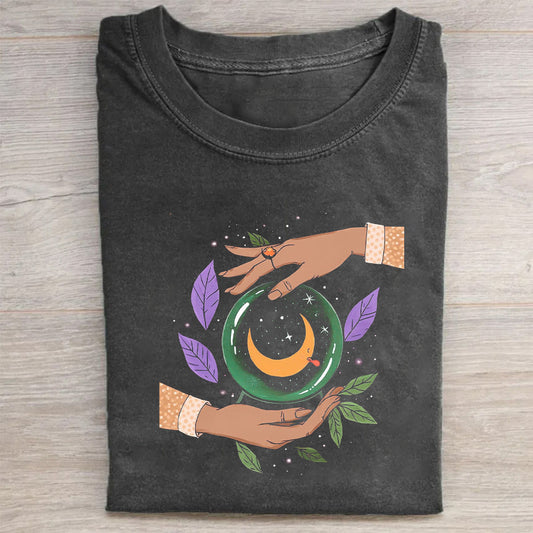 Crescent Moon and Hands Design Graphic T-Shirt