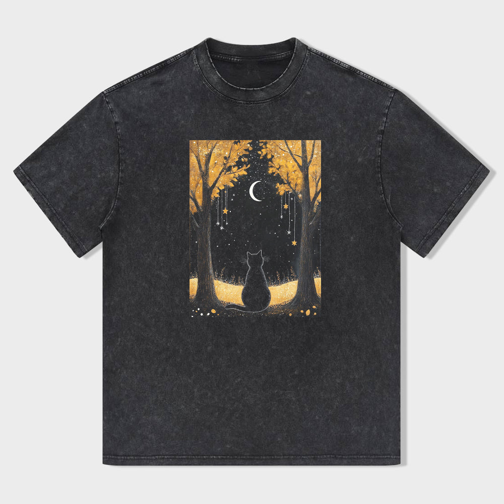 Enchanted Forest Cat Moon Night Graphic T-Shirt
