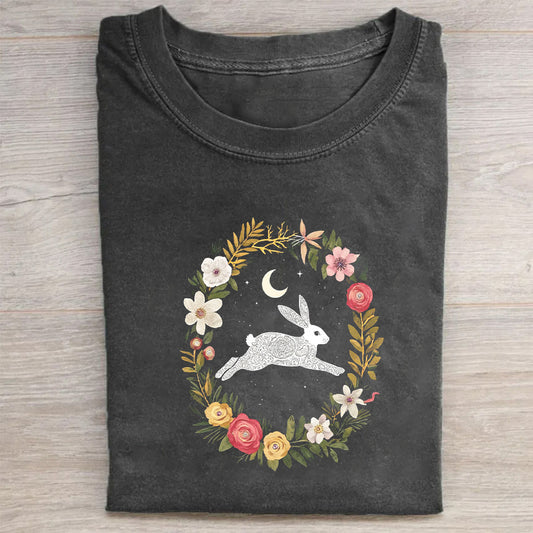 Rabbit Floral Wreath Graphic T-Shirt