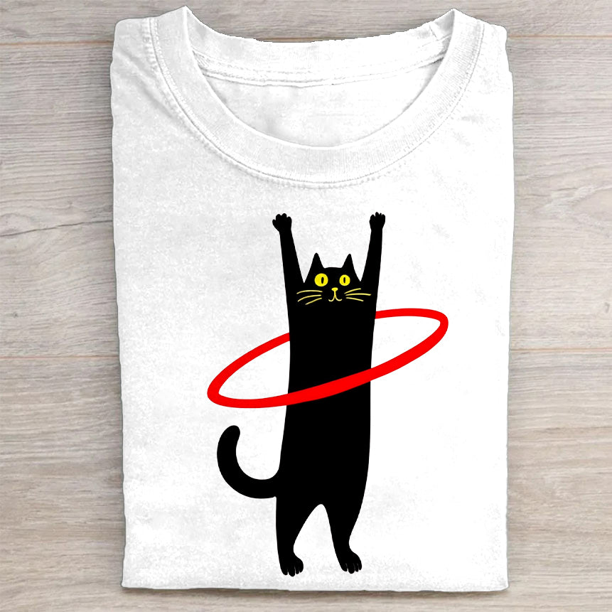 Cute Black Cat with Red Hula Hoop Graphic T-Shirt