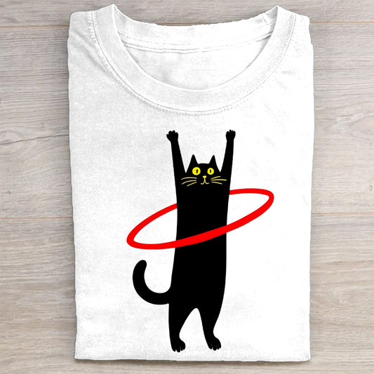 Cute Black Cat with Red Hula Hoop Graphic T-Shirt