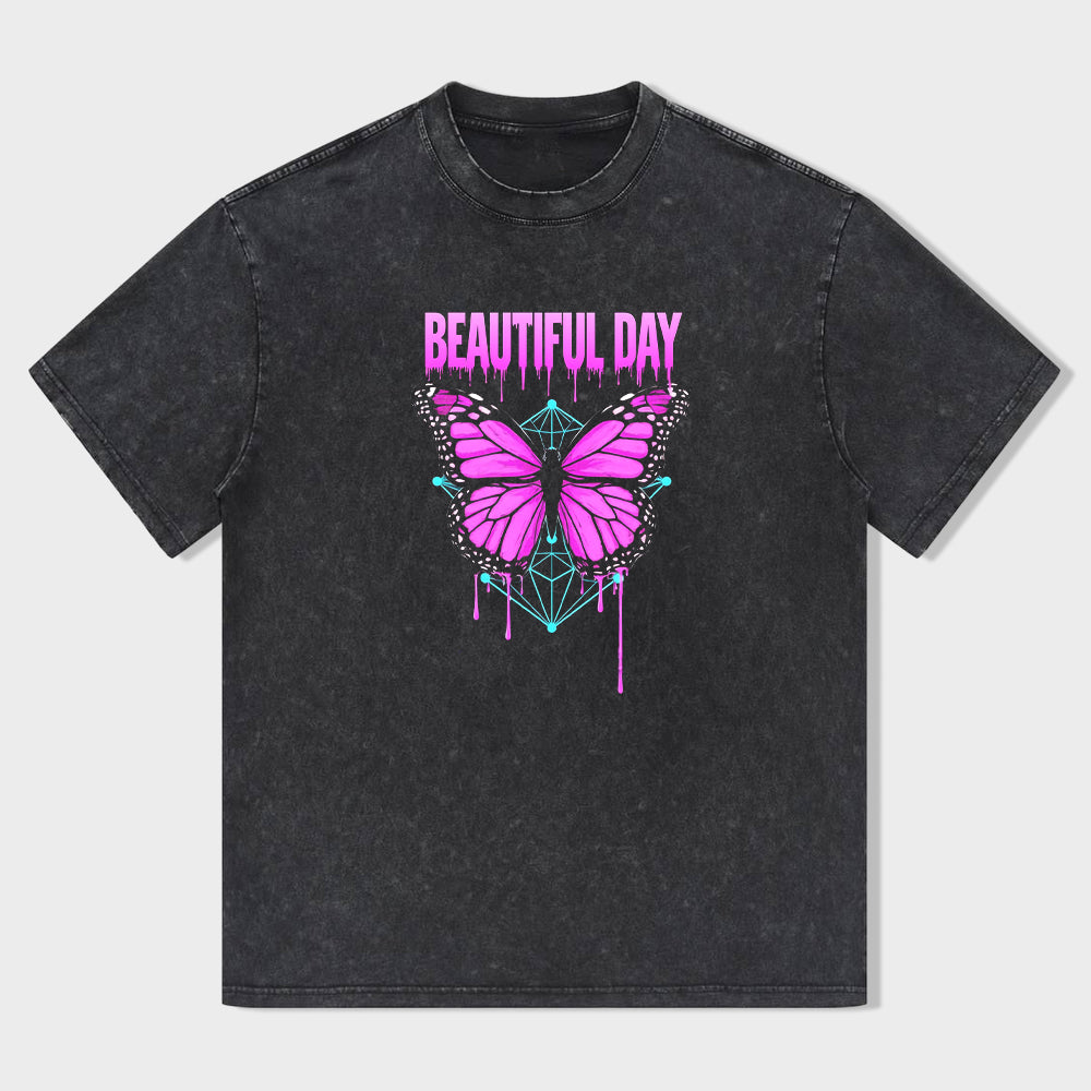 Beautiful Day Graphic T-Shirt with Purple Butterfly Design for Women Men Unisex Casual Tee