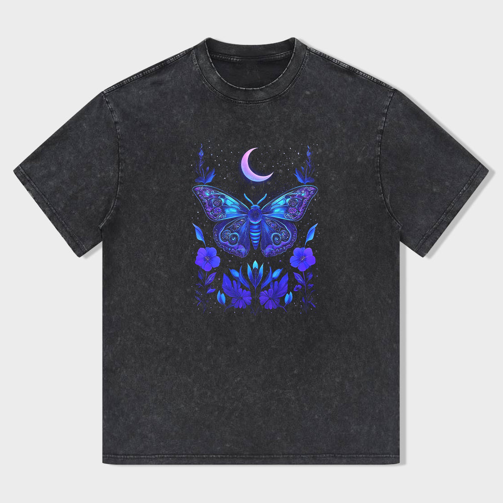 Blue Butterfly Moon Floral Graphic T-Shirt