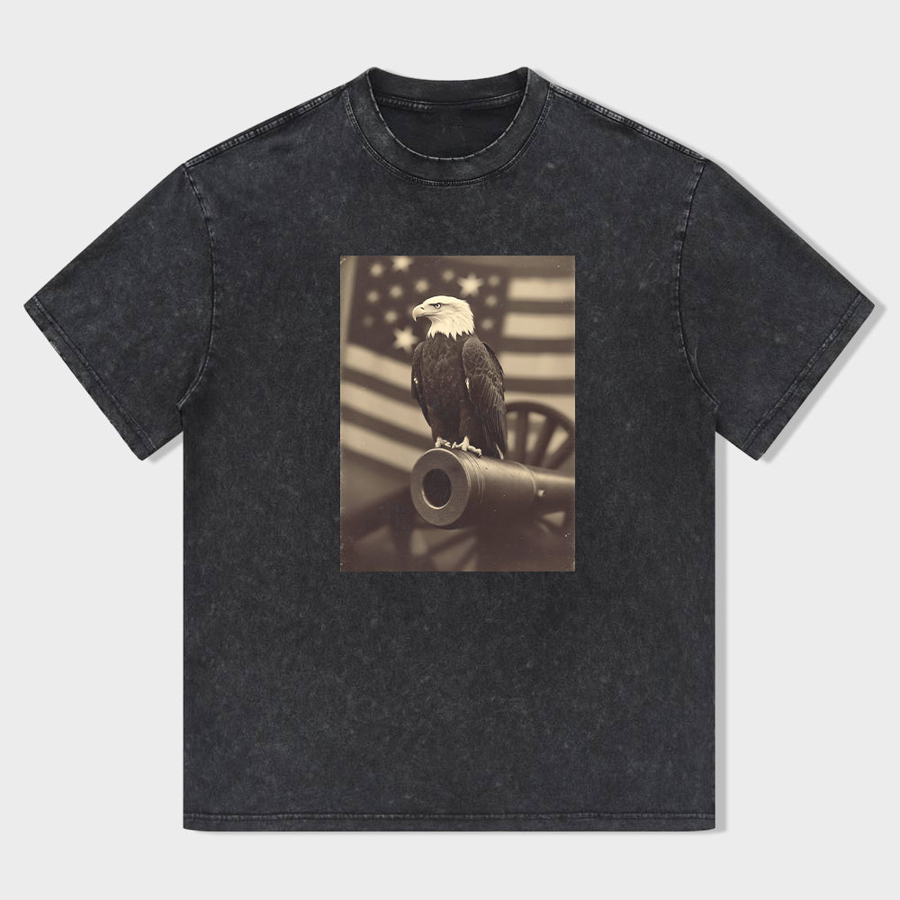 Vintage Crew Neck T-Shirt Black Eagle on Cannon with American Flag Print Casual Wear