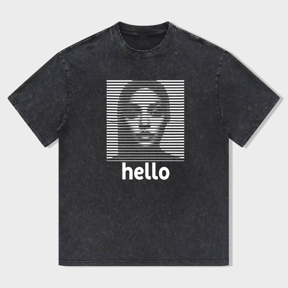 Men's Graphic T-Shirt with Striped Face Design and Hello Text Print