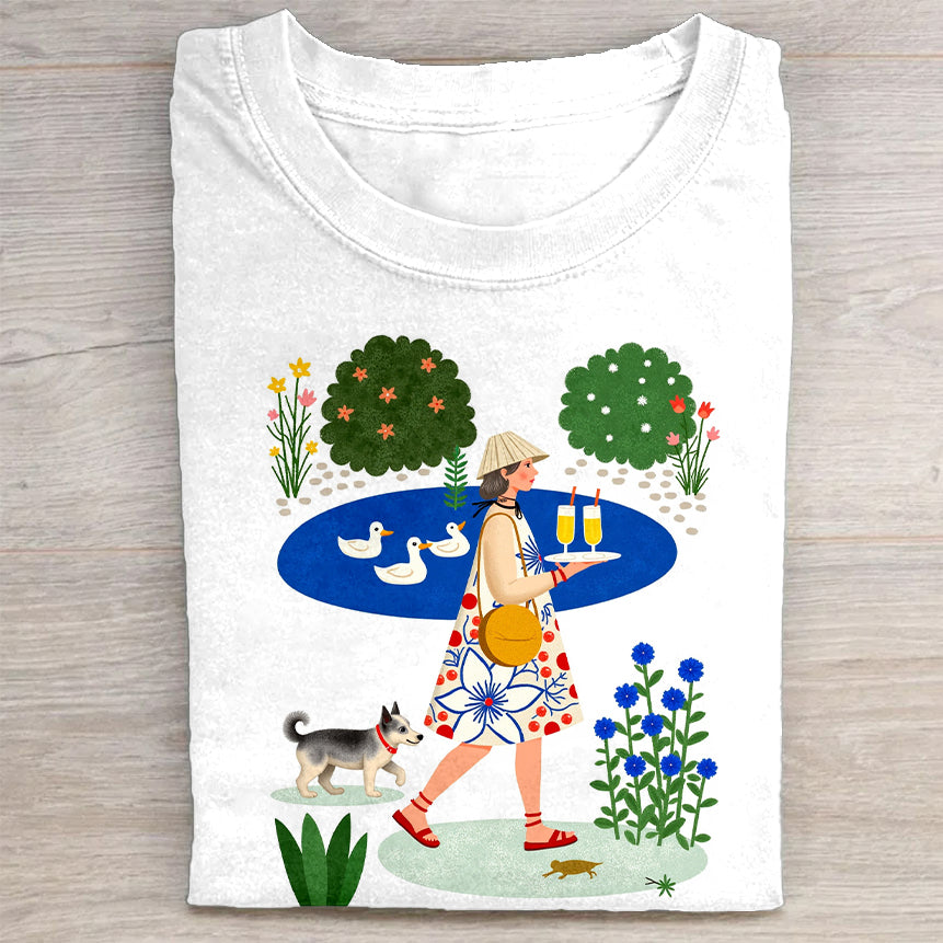 Garden Walk with Cat and Duck Pond Graphic T-Shirt
