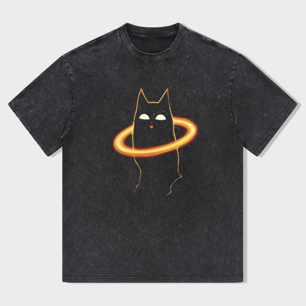 Glowing Cat Design Graphic T-Shirt for Men Women Unisex Casual Short Sleeve Tee Shirt with Unique Neon Halo Print T-Shirt