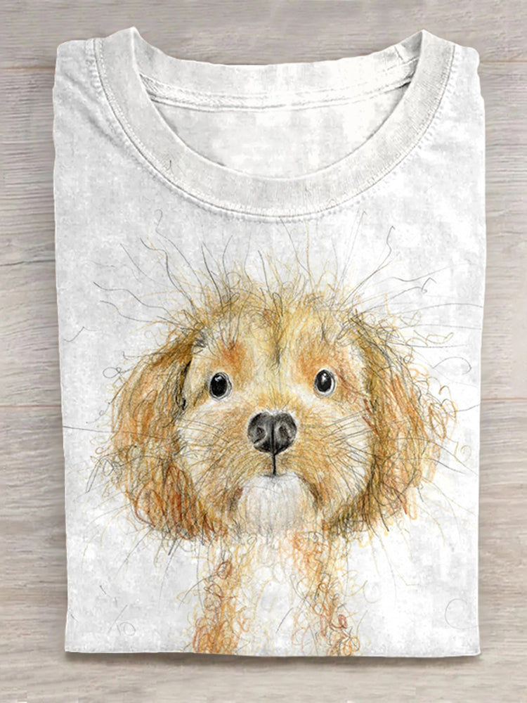 Lovely Dog Scrawled Puppy Art Print Casual Short Sleeve T-Shirt