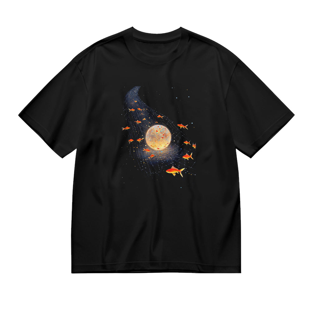 Space Goldfish Galaxy Moon Black T-Shirt