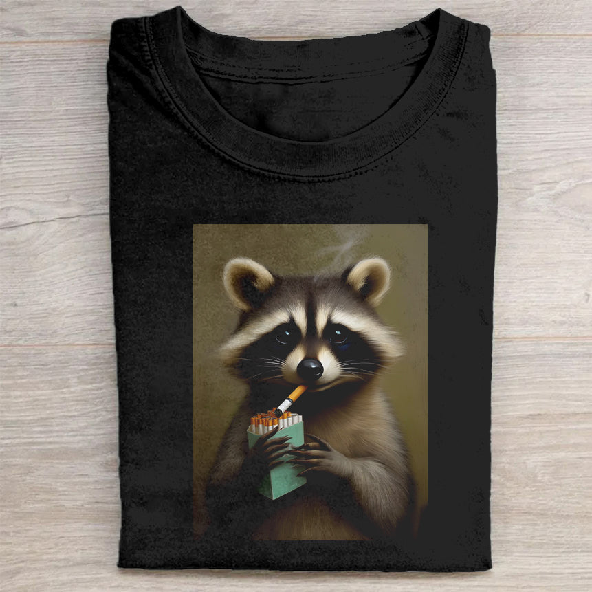 Raccoon Smoking Cigarette Graphic Print Men's Casual T-Shirt