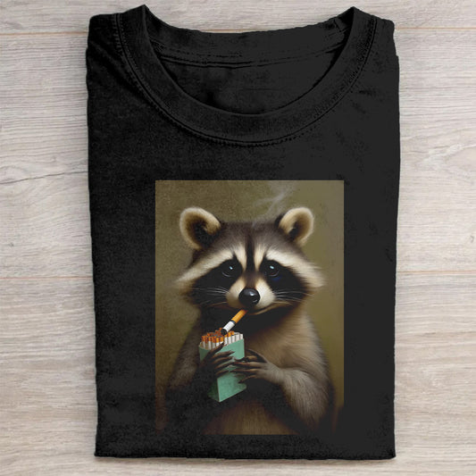 Raccoon Smoking Cigarette Graphic Print Men's Casual T-Shirt