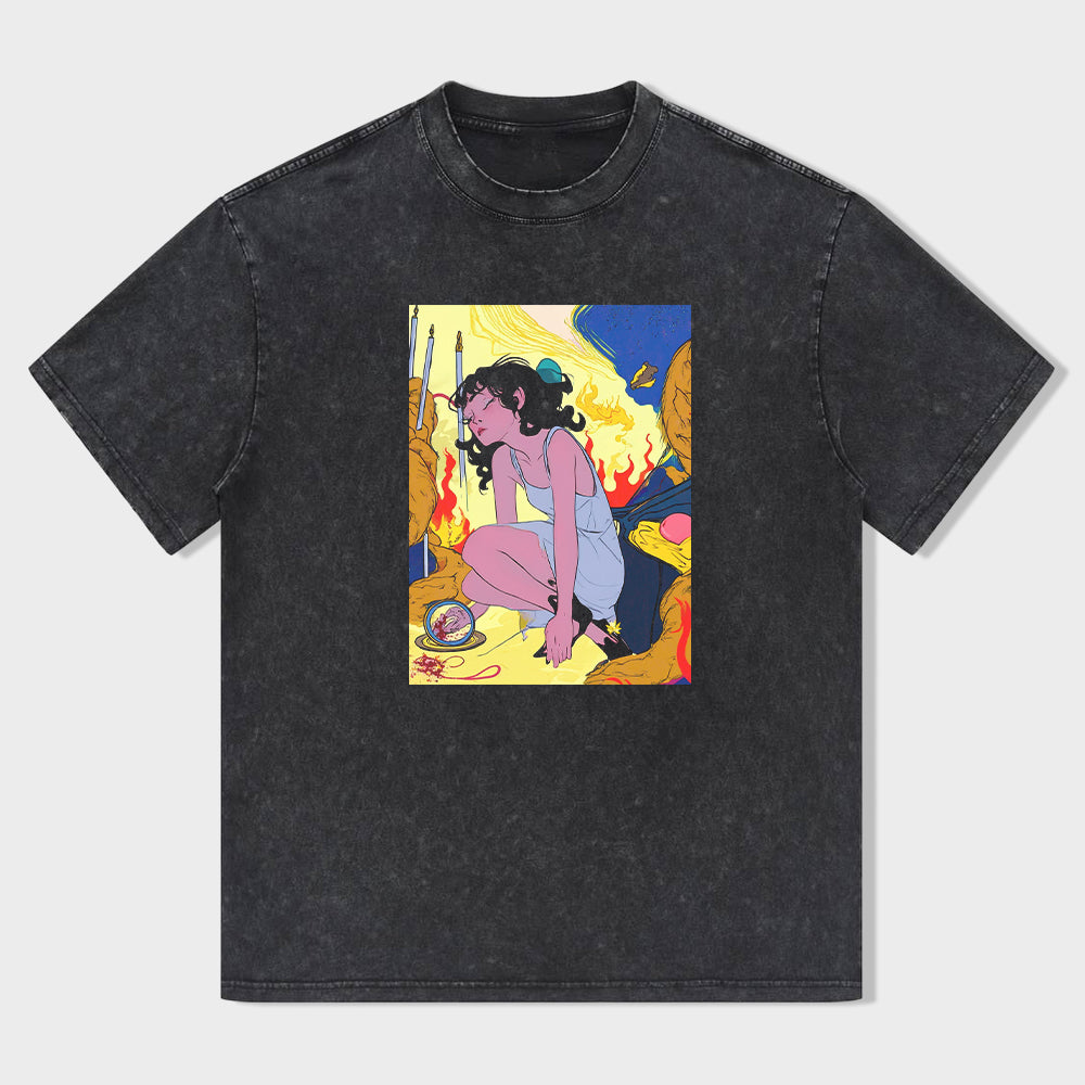 Vintage Black T-Shirt with Retro Anime Graphic Print
