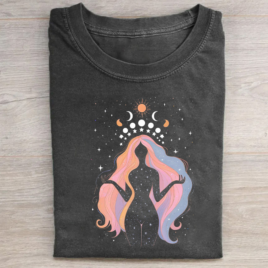 Women's Crew Neck T-Shirt Black Cosmic Goddess Print Casual Wear