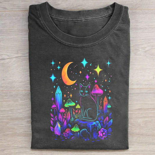 Colorful Cat in Mushroom Forest Graphic T-Shirt