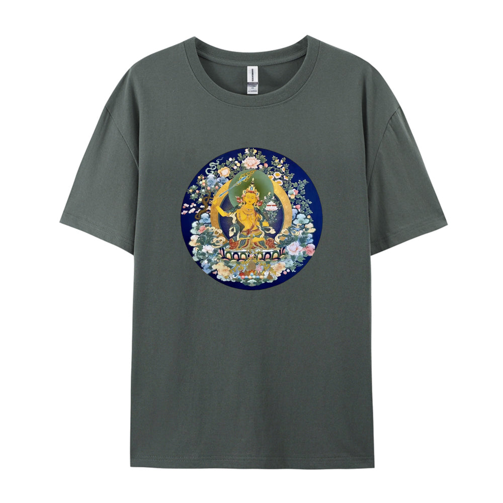 Buddhist Thangka Art T-Shirt  Golden Buddha Design  Spiritual Meditation Clothing  Unique Tibetan Mandala Graphic Tee  Unisex Casual Wear  Comfortable Cotton Material  Ideal for Yoga and Mindfulness Practitioners