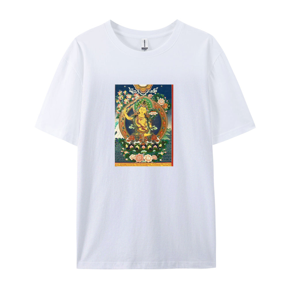 Buddhist Thangka Art T-Shirt  White Cotton Tee with Traditional Tibetan Design  Spiritual Meditation Clothing for Men and Women  Comfortable Fit for Daily Wear  Unique Cultural Gift Idea