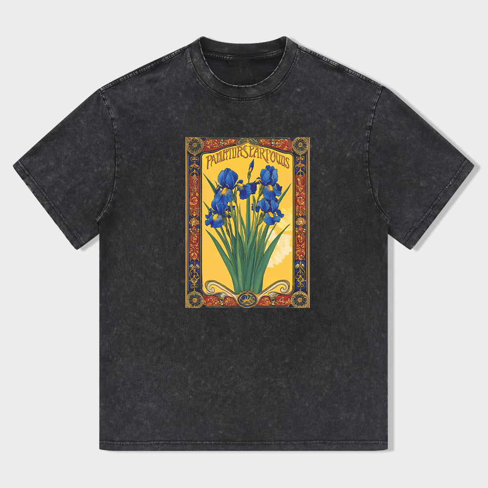 Vintage Black T-Shirt with Blue Iris Flower Graphic Design