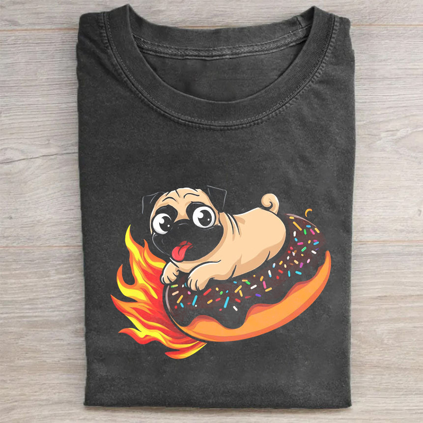 Cute Pug on Fire Donut Graphic T-Shirt