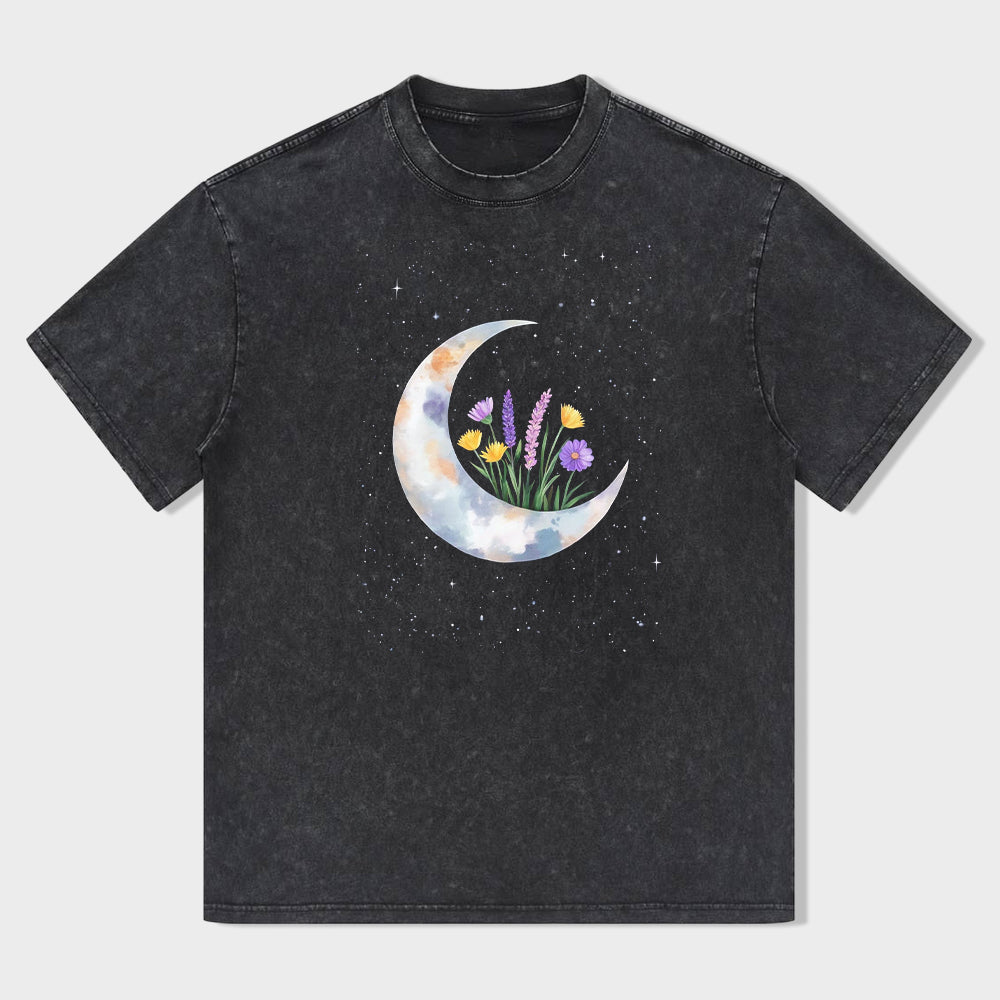 Cute Crescent Moon Floral Print Women's Casual Short Sleeve T-Shirt