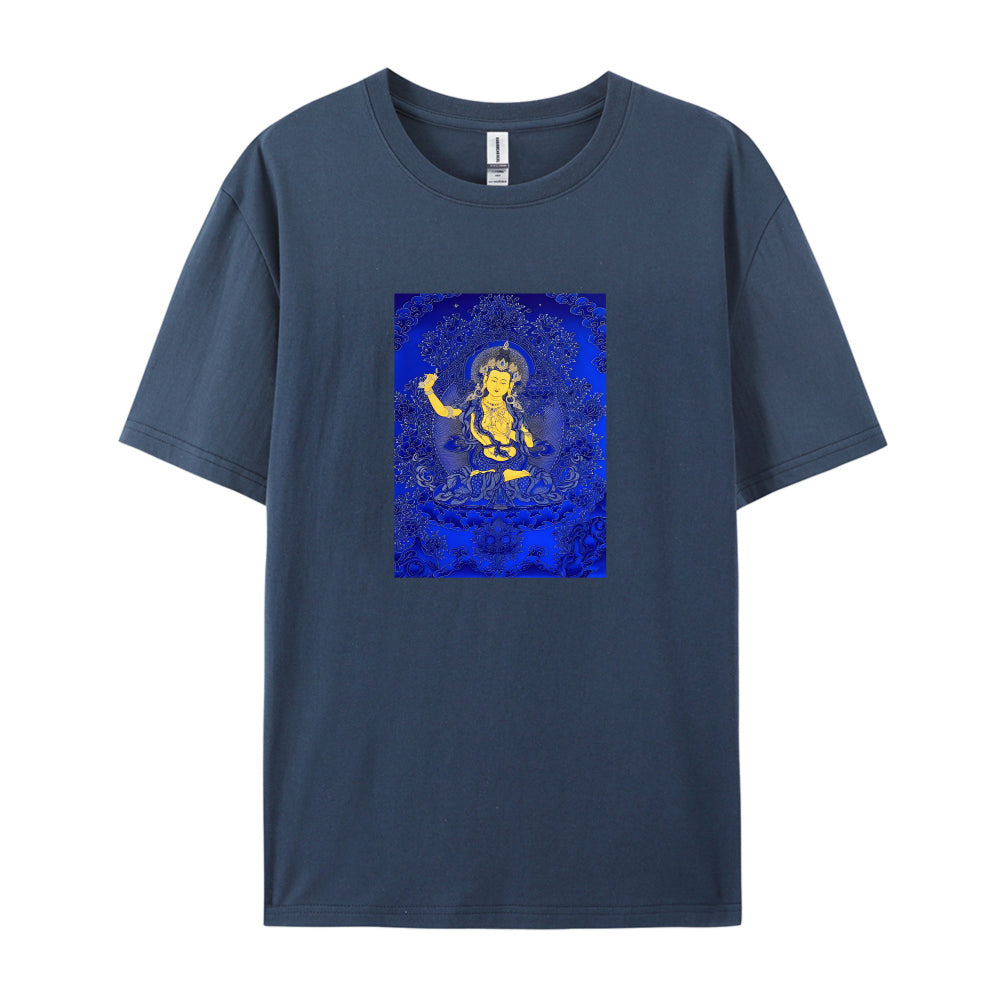 Buddhist Deity Art Print White T-Shirt for Men Women Casual Wear Spiritual Clothing Meditation Apparel Unique Design Graphic Tee