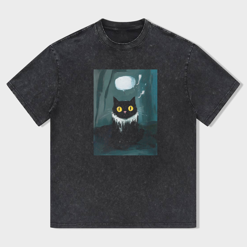 Short Sleeve Black T-Shirt with Spooky Cat and Moon Print for Halloween Party
